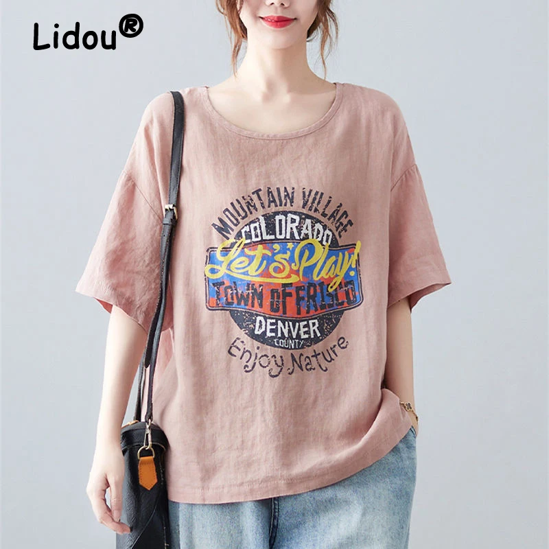 

Women Vintage Clothes Trendy Letter Print Y2K Oversize Streetwear Cotton Linen T Shirt Summer Casual Short Sleeve All Match Tops