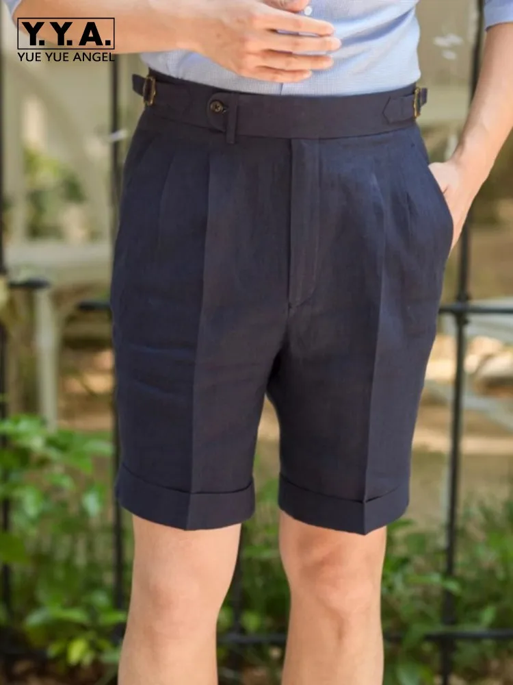 

Vintage Italian Style Mens Linen Suit Shorts High Waist Solid Color Business Casual Summer Office Knee Length Straight Trousers