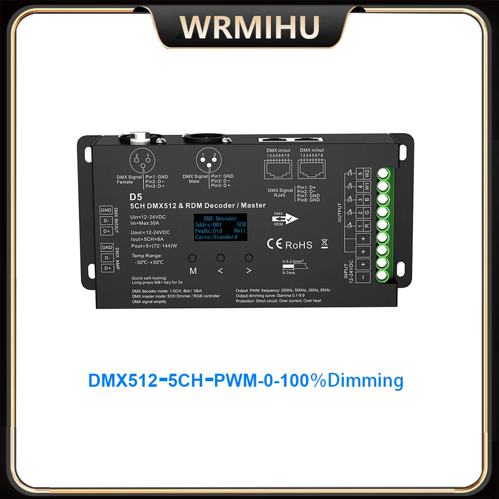 12-24V DMX512 CV OLED D5 Equipped With XLR3 RJ45 8/16Bit 5CH PWM 0-100% Dimmer Decoder  Master Controller  For RGB+CCT LED Strip