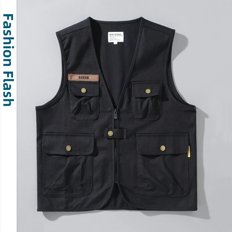 

Autumn Workwear Vest Men's Outerwear Denim Multi Pockets Cargo Functional Style Waistcoat Sleeveless Jacket Man Vest For Bikers