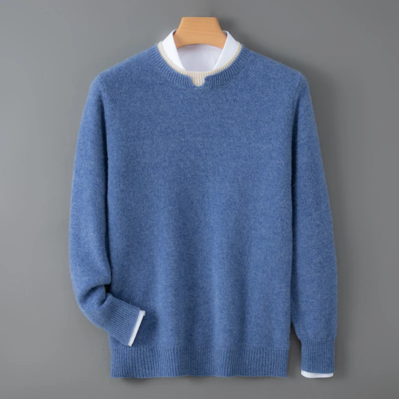100% Pure Wool Men'S Two-Piece Style Knit Sweater Round Neck Autumn And Winter Color-Block Base Layer Top
