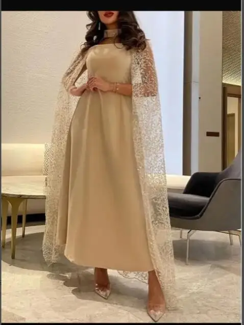 Giyu Champagne A Line Evening Dresses With Jacket High Neck Ankle Length Glitter Formal Occasion Dress Prom Gowns Robe de soiree