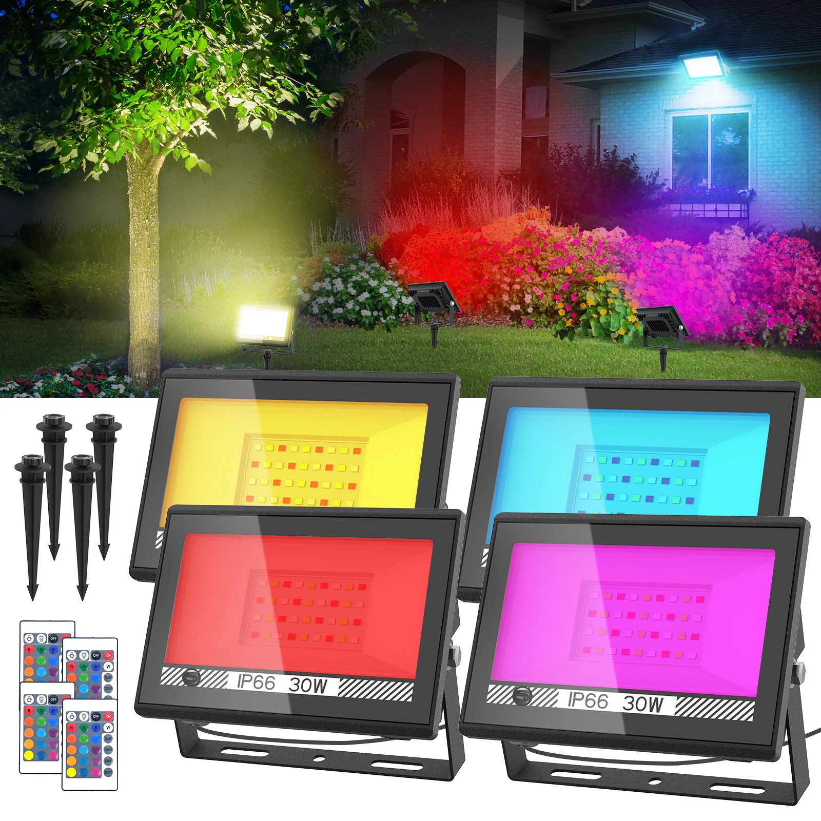 

2/4PCS 49LEDS 30W Flood Light IP66 Waterproof Outdoor Floodlight Spotlight LED Reflector Street Lamp Wall Flood Lights 16 Colors