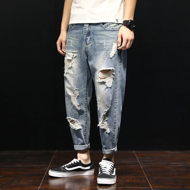 

Men's Jeans Beggar Ripped Loose Hole Ninth Denim Pants Summer Thin Harem Trousers Male cowboy Clothing