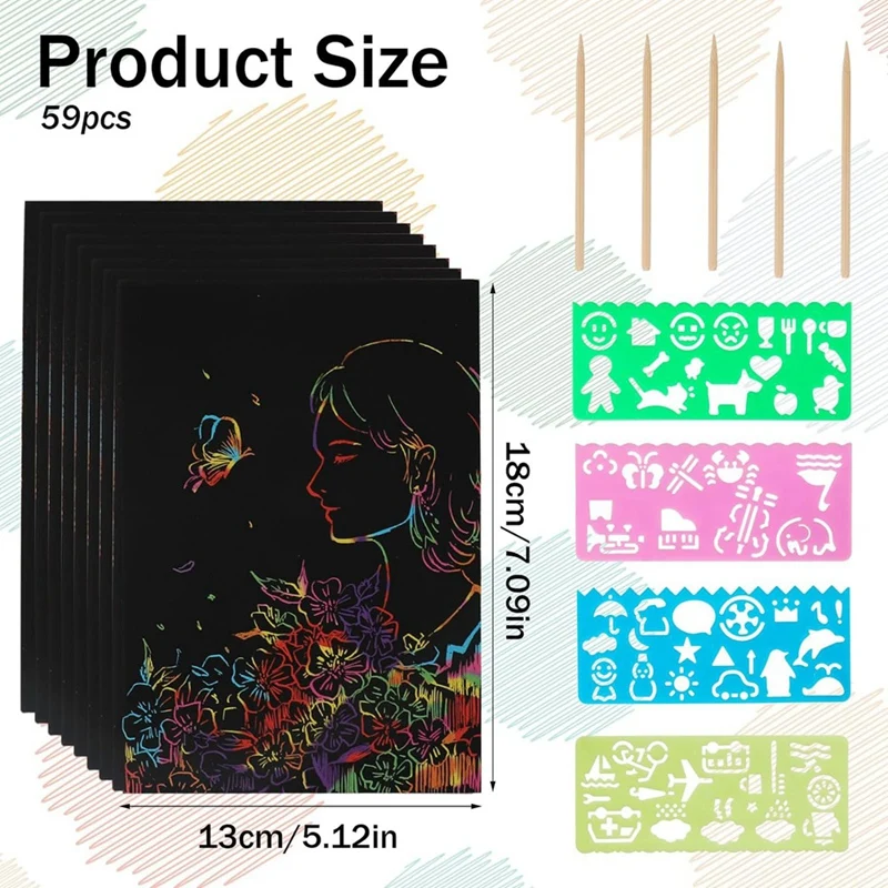 Rainbow Scratch Paper Art Set, Scratch Papers Supplies Black Scratch Drawing Art Crafts Sheets Notes Cards(59 Pcs)