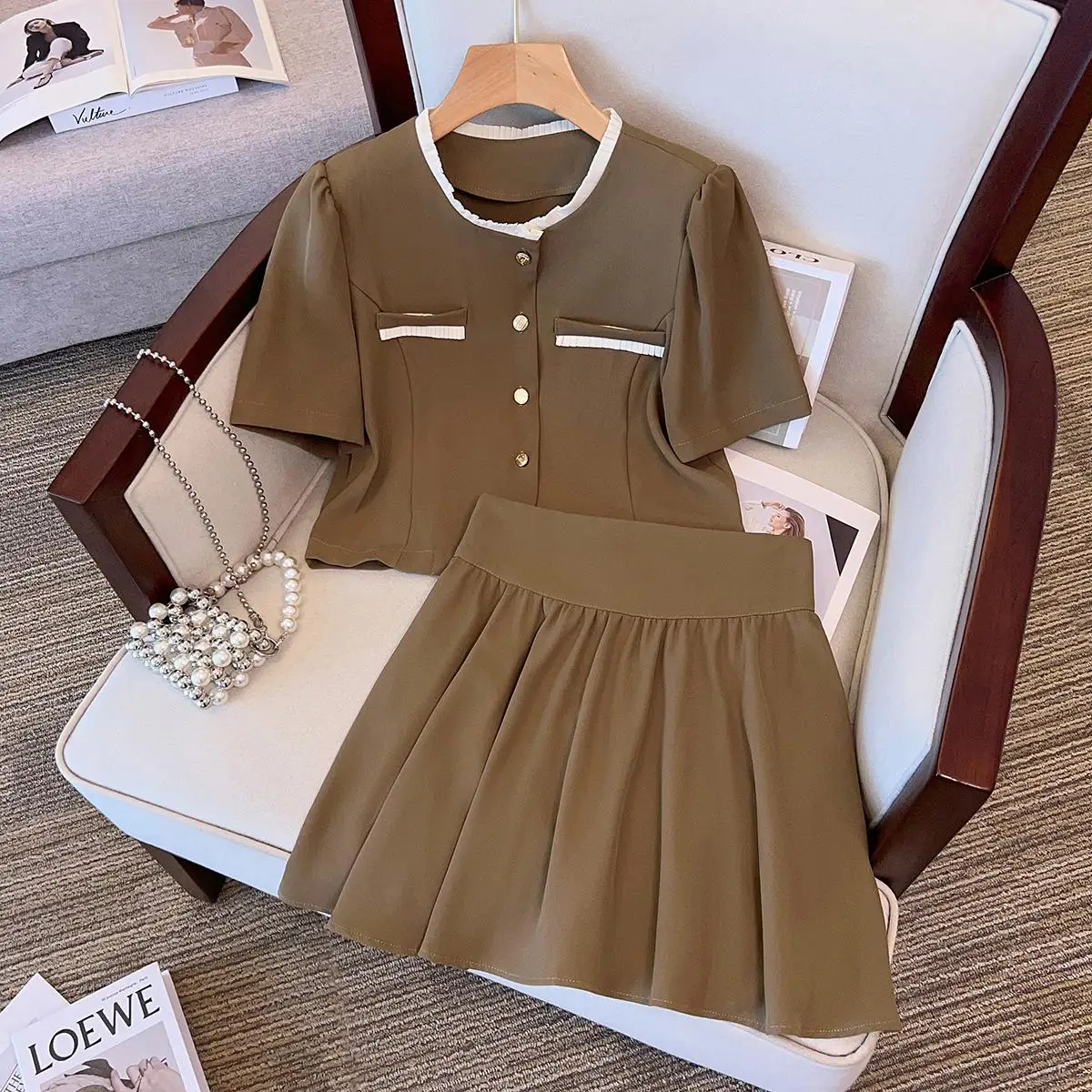 

Plus Size L-4XL Women Elegant Chic Vintage Suit Shirt Top And Pleated Skirt Two Piece Set Matching Outfit Female Party Clothing