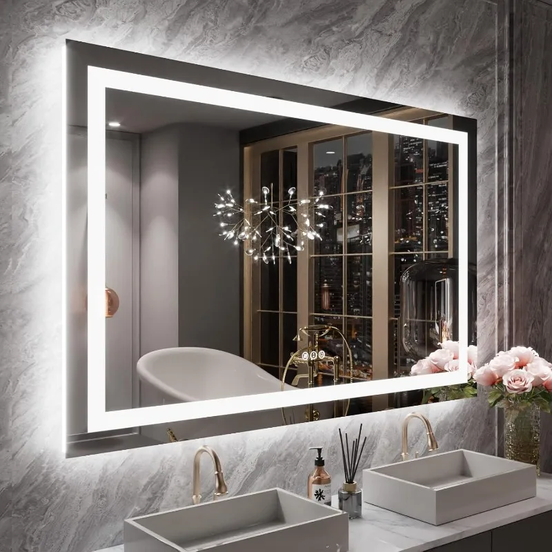 55X36 LED Bathroom Mirror with Lights, Anti-Fog, Dimmable, Backlit + Front Lit, Lighted Bathroom Vanity Mirror for Wall