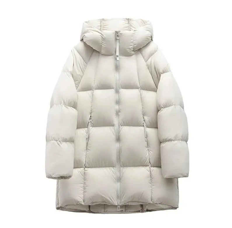 سترات مبطنة خفيفة الوزن باللون الأبيض من Duck Down سترة شتوية نسائية بغطاء للرأس النسخة الكورية من السترة الكاجوال