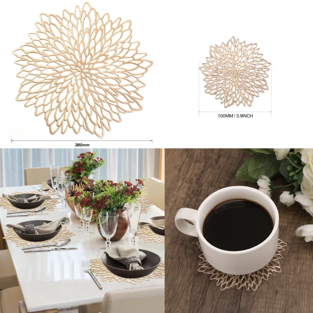 Set of 4 Metallic Placemats Set Vinyl Leaf Design Table Placemats for Christmas Thanksgiving Wedding Dinner Table Mat Coaster view 2