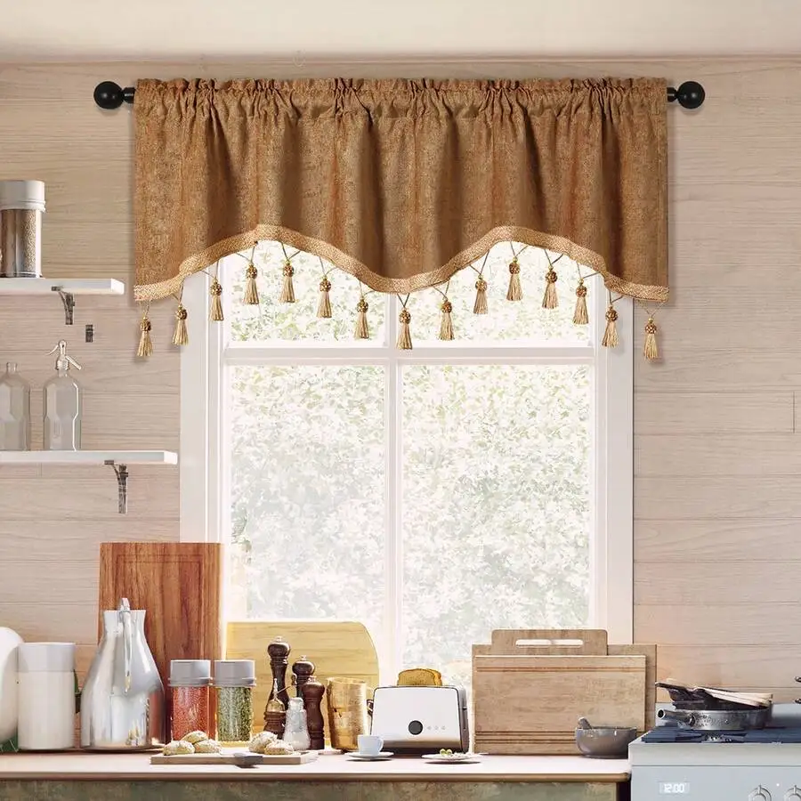 1pc Coffee Vintage Style Snowy Organza Short Curtain With Tassel And Lace Trim, Suitable For Window/Door Decoration