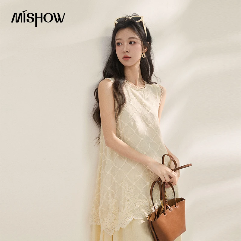 

MISHOW Women Fake Two-piece Maxi Dress Sleeveless Asymmetrical Hem Diamond Embroidery Casual Cream Beige Summer Dress MXF22L2607