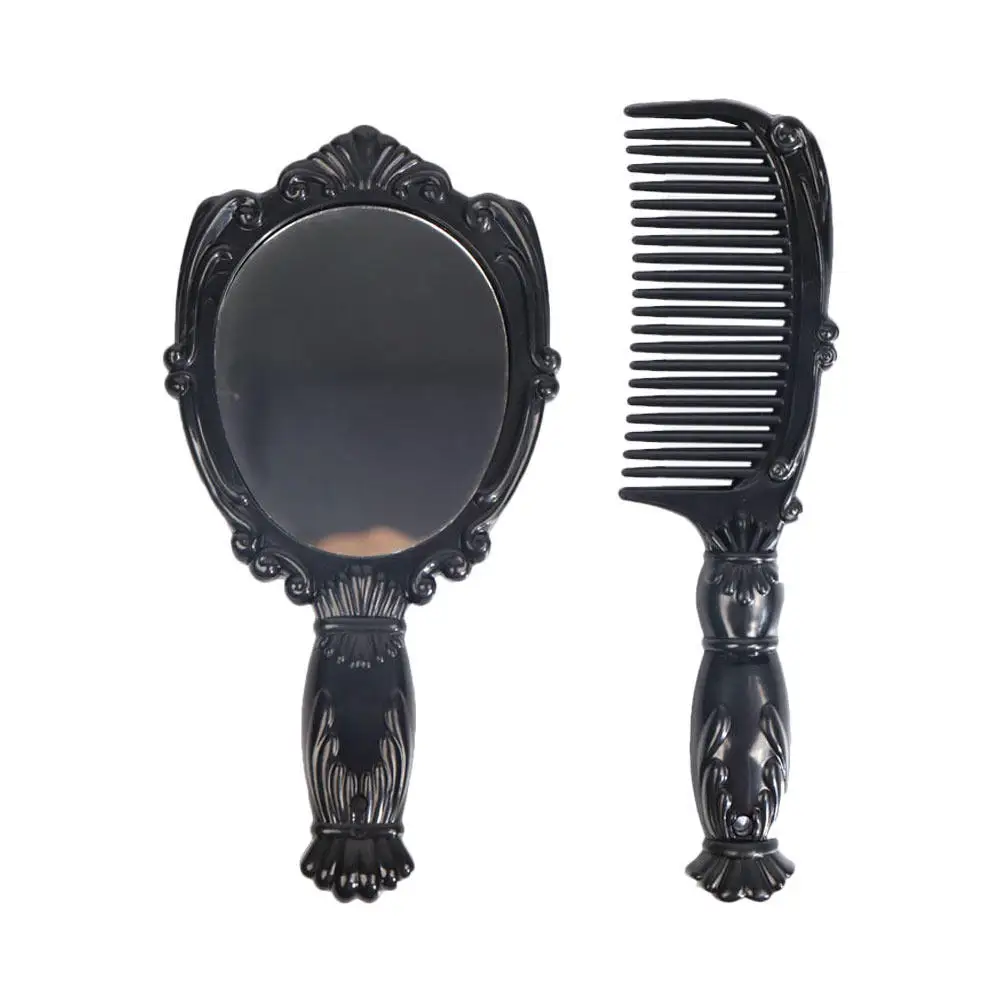 

1Set Mini Comb Mirror Set Black Compact Handheld Hairdressing Makeup Small Smooth Comb Mirror Portable Travel Purse Essential