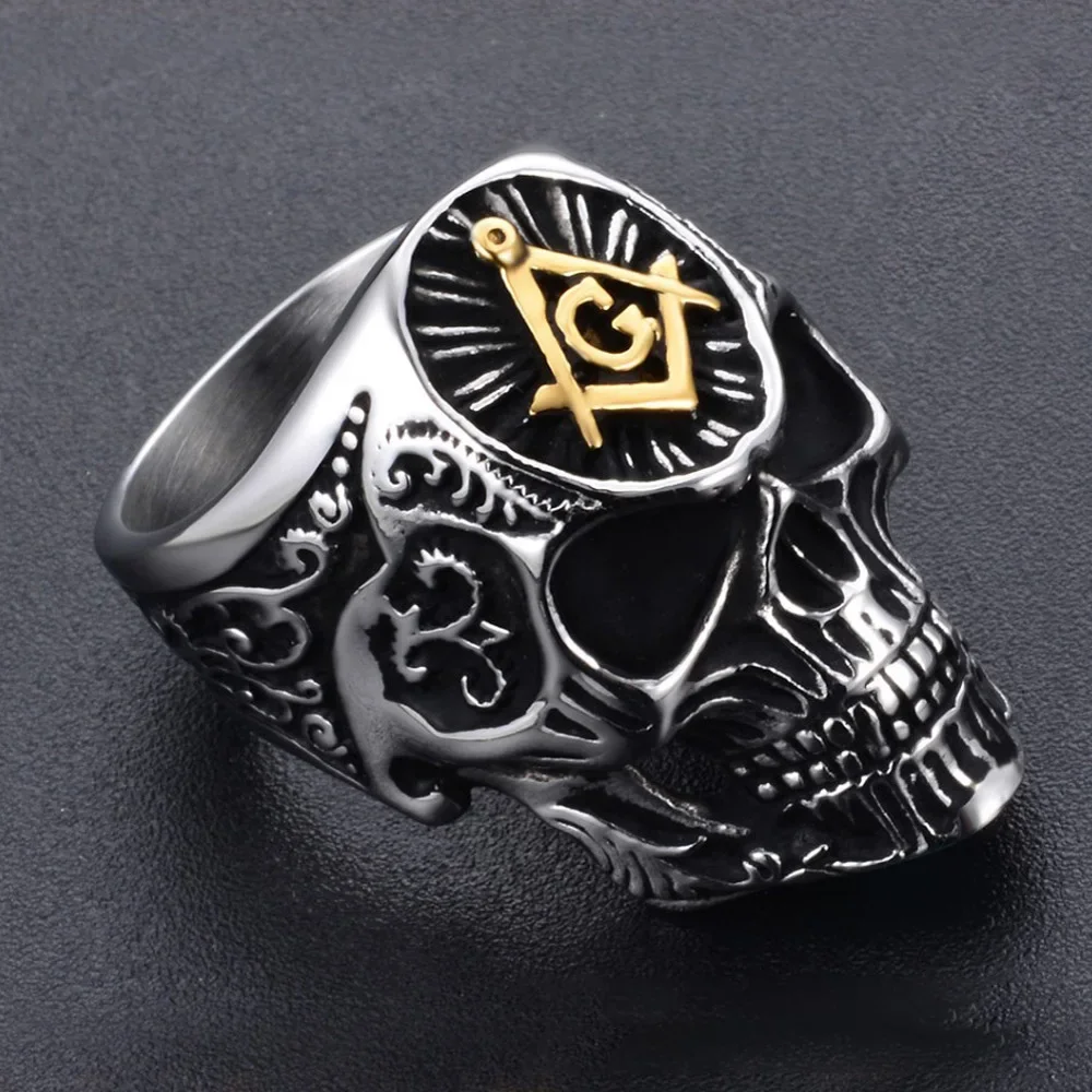 

Stainless Steel Punk Biker Mens Masonic Skull Man's Rings Size 7-14
