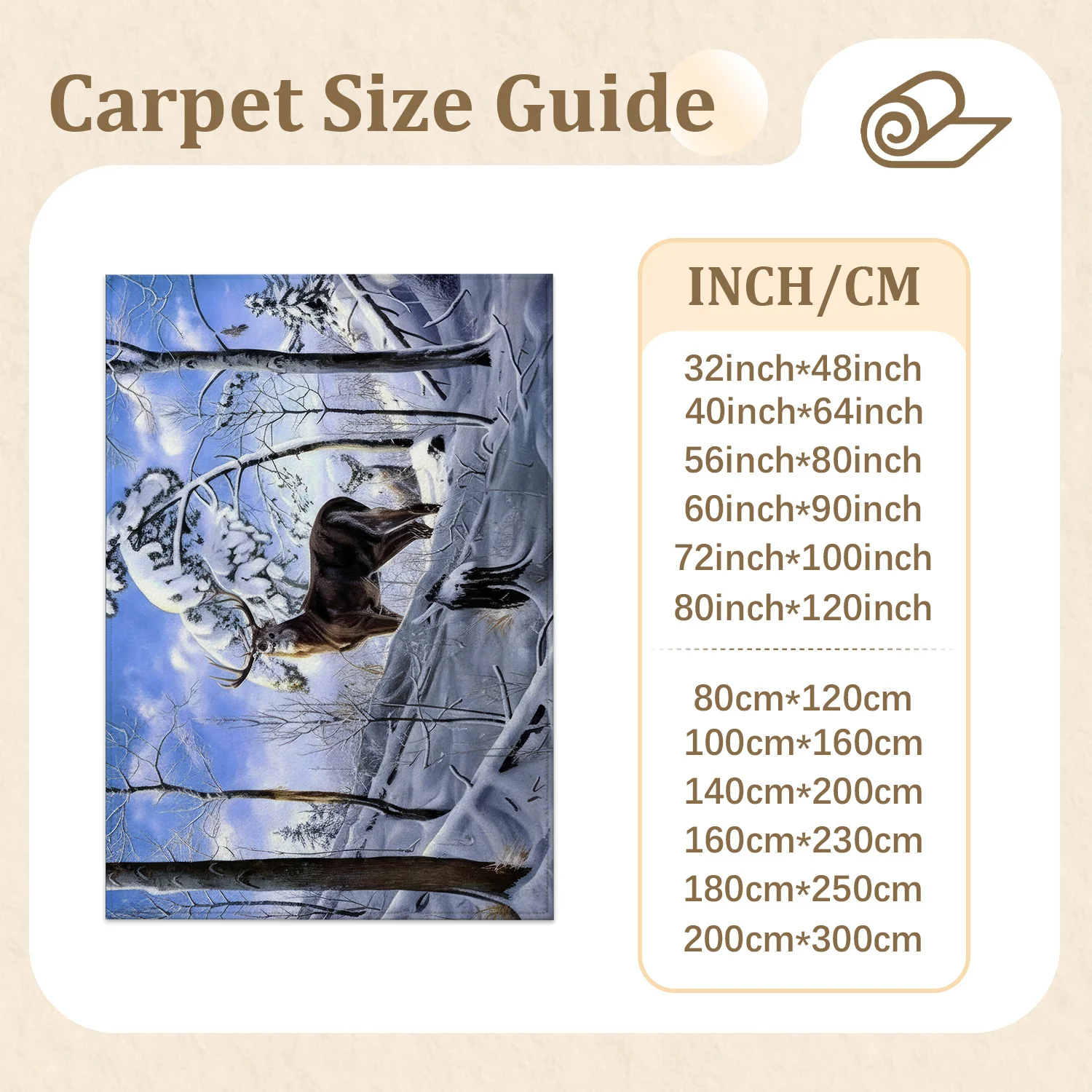 Large Indoor Area Rug, Soft Velvet Low Pile with Non-Slip Dotted Backing, Machine Washable, Winter Snow Forest Deer Wildlife Pattern, Ideal for Living Room Bedroom Home Decor
