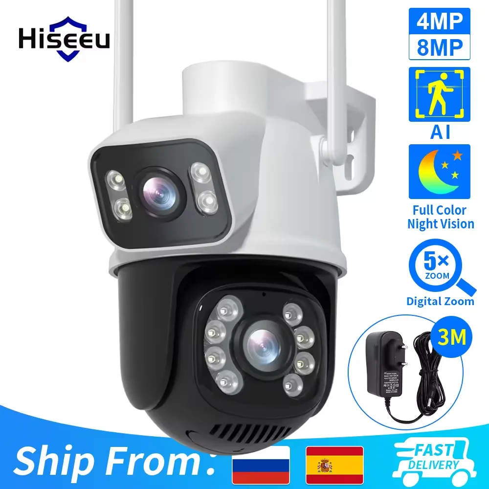 Hiseeu 4K 8MP Dual Lens Wifi Surveillance Camera 4X Digital Zoom AI Human Detect ONVIF Wireless Outdoor Security PTZ IP Cameras