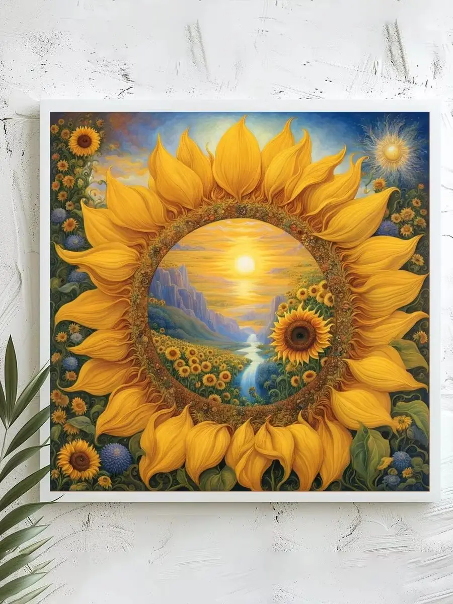 1 Stück 40x40 cm/15,74 Zoll, 11Ct/14Ct Kreuzstich-Set, DIY Valentinstagsgeschenk, Stickerei-Set für Festlichkeiten, Sonnenblumenkranz-Landschaft – Detail 1