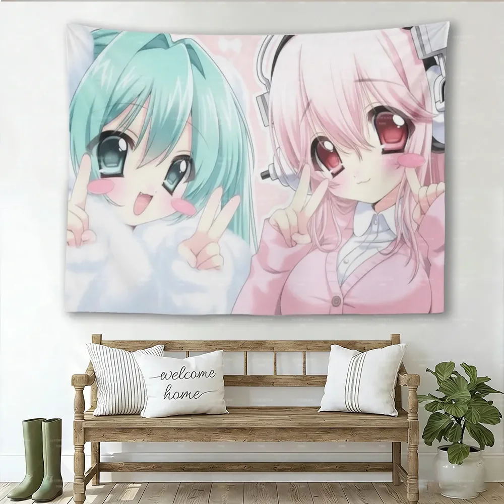1pc Super Sonico Green Hair Anime Girl Tapestry, Kawaii Chibi Wall Hanging for Bedroom, Otaku & Pastel Room Decor W260811
