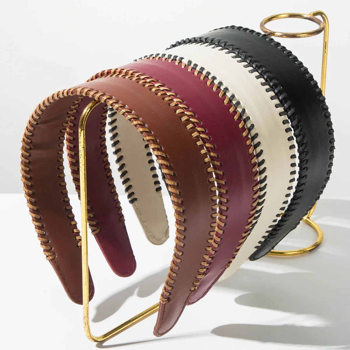 

New Autumn Winter Vintage Fabric Color Block Wide Leather Headband for Women High-end Daily Versatile Hair Accessory