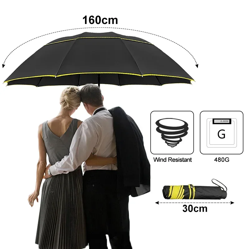 130cm Big Top Folding Umbrella Men Rain Women Double Strong Wind Resistant Large Paraguas Male Large Umbrella Outdoor Parapluie