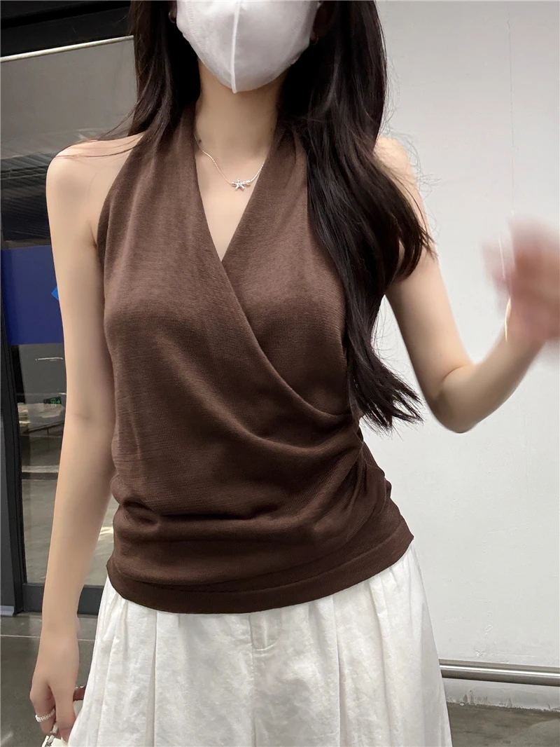 Elegant V-Neck Knitted Wrap Neck Vest Women Summer Outerwear Slimming Korean Style Belted Casual Wear Polyester Fiber