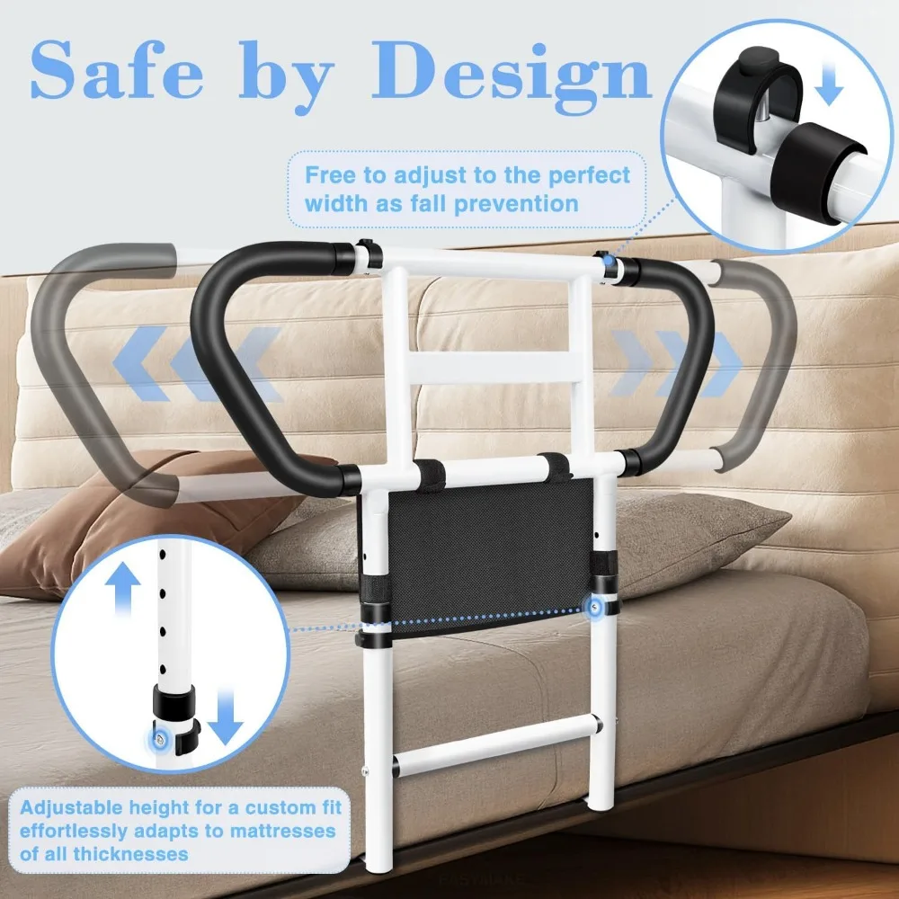 Adjustable Bed Rails for Elderly Safety with Storage Pockets, Non-Slip Handles, Motion Sensor Light, 400LB Capacity