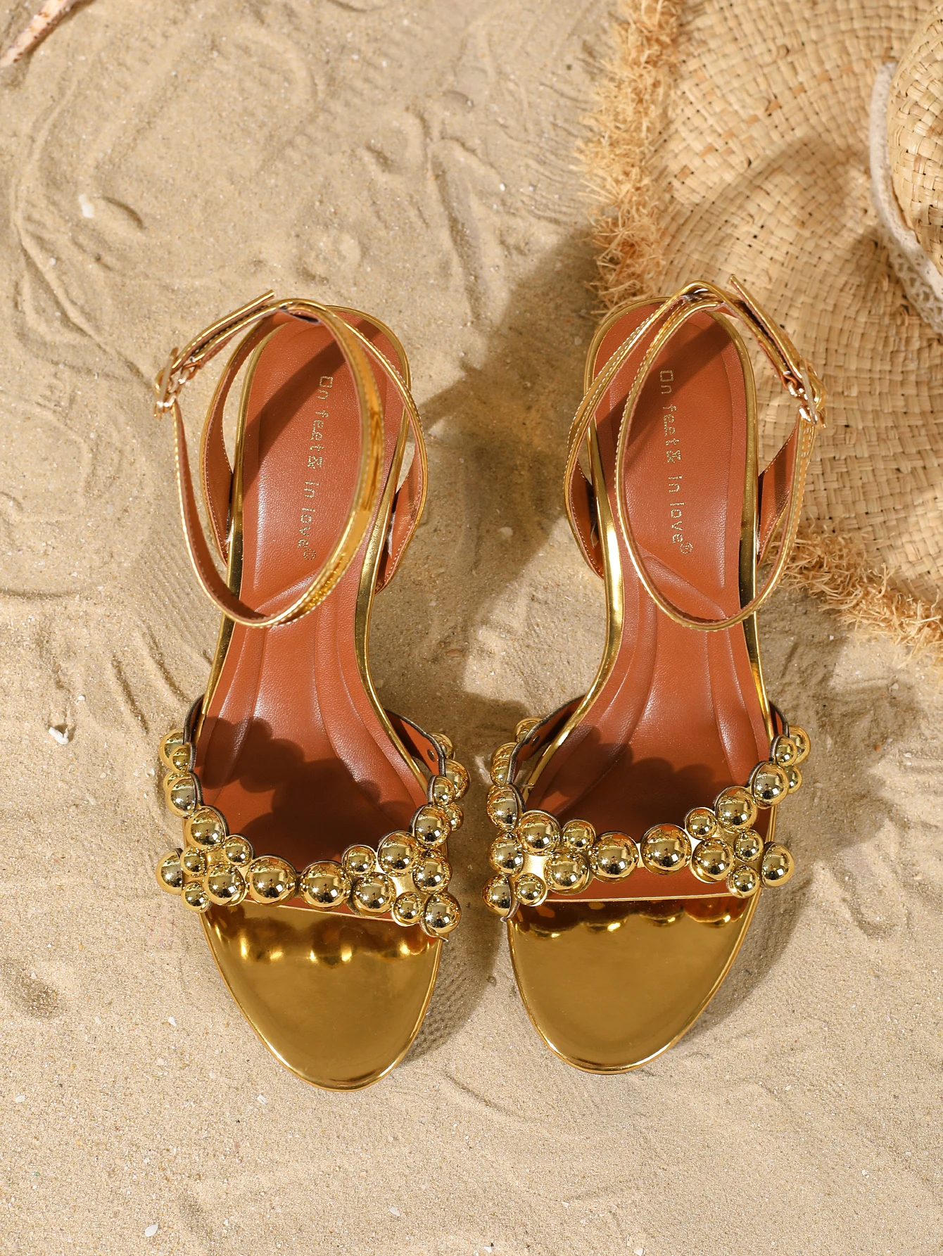 2026 New Women's Gold Beaded High Heel Sandals, Square Toe Stiletto Heels, Fashion Ankle Strap Open Toe Shoes for Ladies Party D image 4