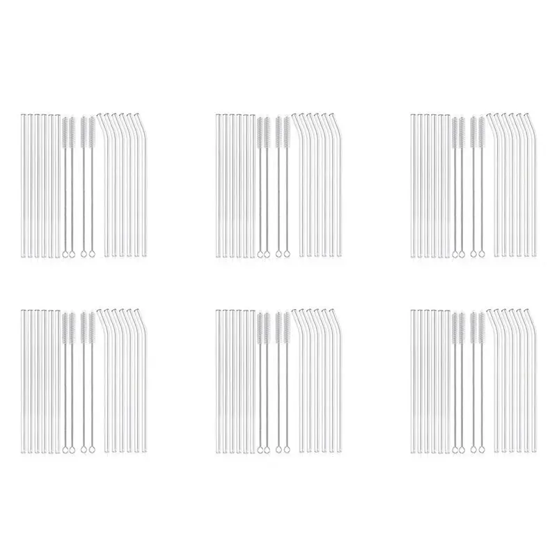 AS94-72PC Reusable Clear Glass Straws Shatter Resistant Glass Drinking Straw 36 Straight And 36 Bent With 24 Cleaning Brushes