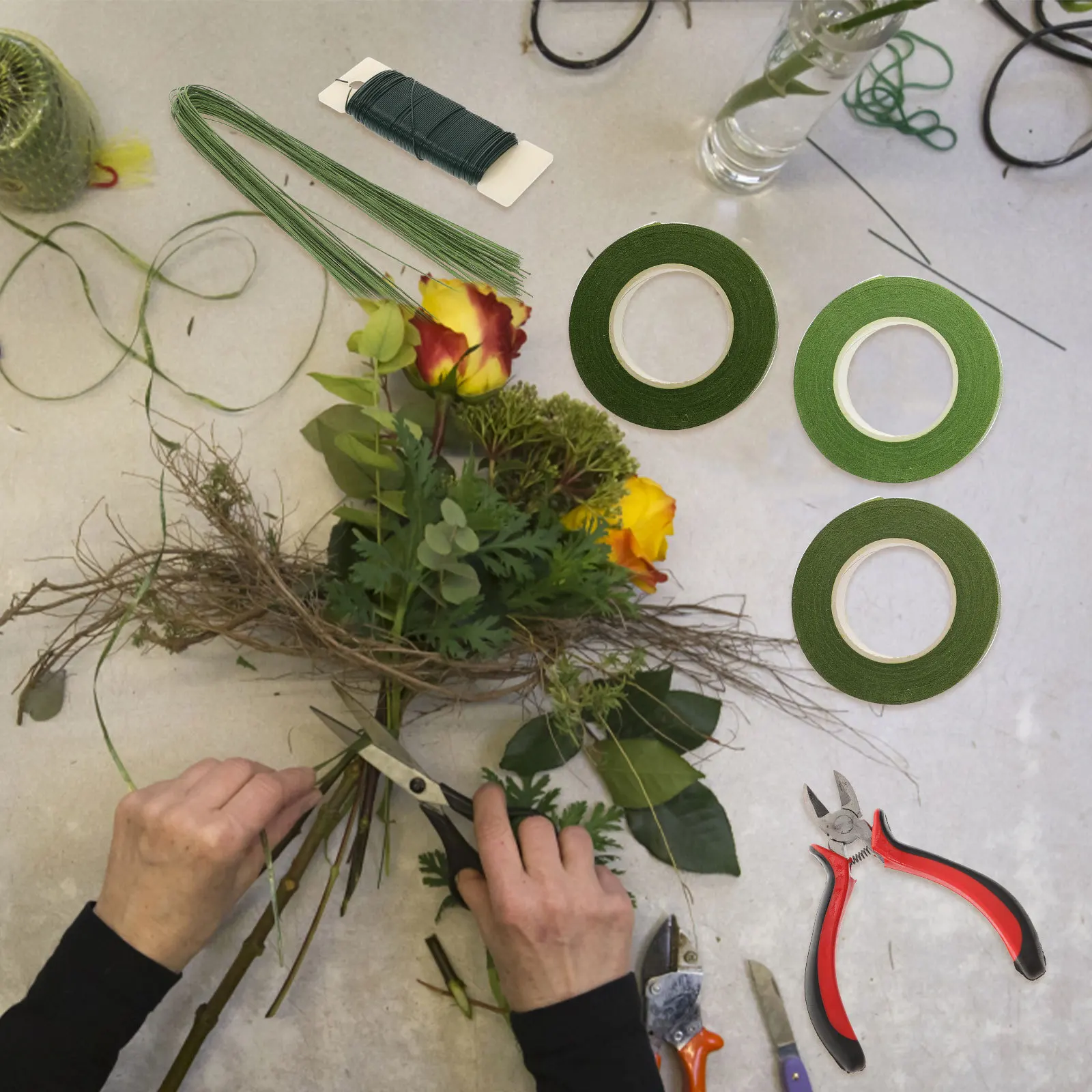 1Set Bloemstuk Kit Bloemen Draad Tapes Flexibele Bloem Stem Draad Cutter voor Bruidsboeket DIY Bloemstuk Kit