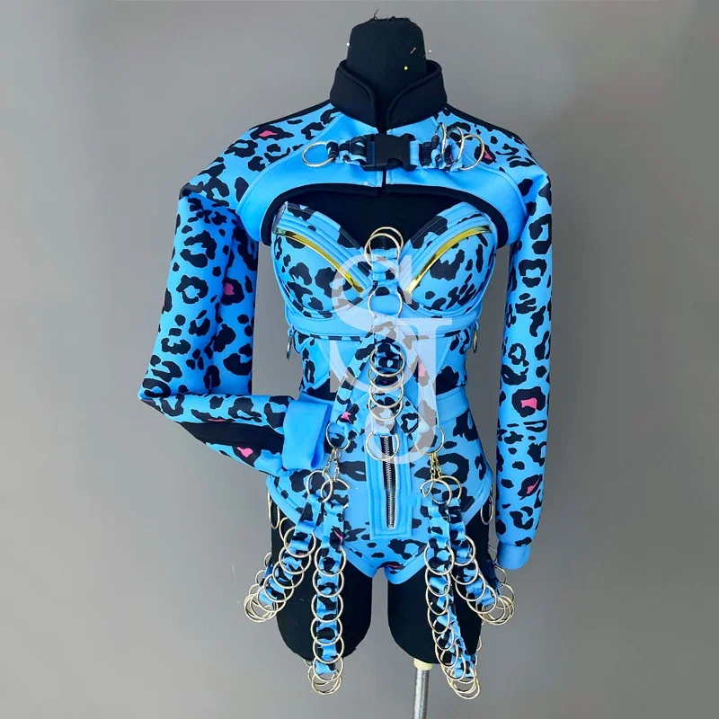 Sexy Gogo Dance Clothing Pole Dance Costume Birthday Blue Leopard Chain Bodysuit Rave Outfit Dj Ds Stage Performance Wear