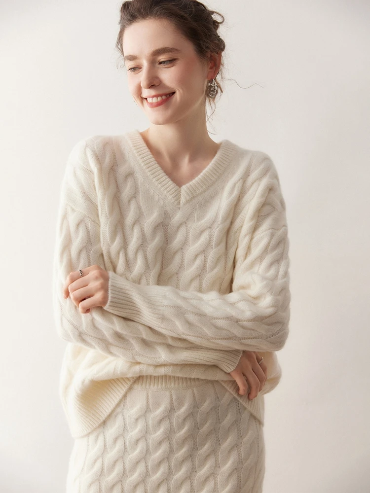 

TLOML Women 100% Cashmere Sweater Skirt Set V-neck Pullover A-line Skirt Cable Knit Sweater Autumn Winter Suit Thick Comfy Cloth