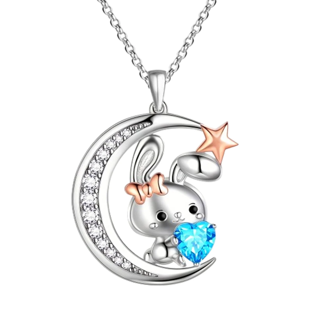 Creative Crescent Blue Crystal Rabbit Pendant Necklace for Women Cute Cartoon Animal Jewelry Fashion Party Birthday Love Gifts