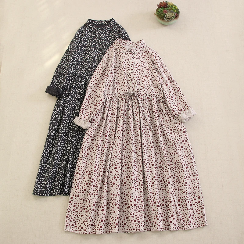 

Vintage Mori Girl Dotted Print Cotton Dress Women Spring Autumn Long Sleeve Casual Loose Drawstring Waist A-Line Midi Dresses