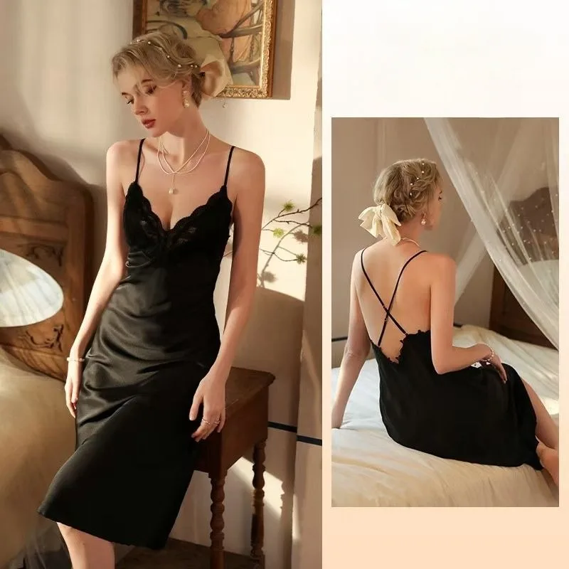 Sexy Sleepwear Backless Beauty Back Solid Color Deep V To Wind Ice Silk Lace Home Suit   Explosive New Sexy Halter Nightdress