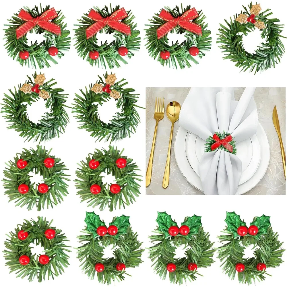 

Рождественские кольца для салфеток, набор из 12 шт., кольца для салфеток с сосновой иглами и ягодами, бант, венок, держатели для колец для салфеток в виде листьев для рождественского праздника