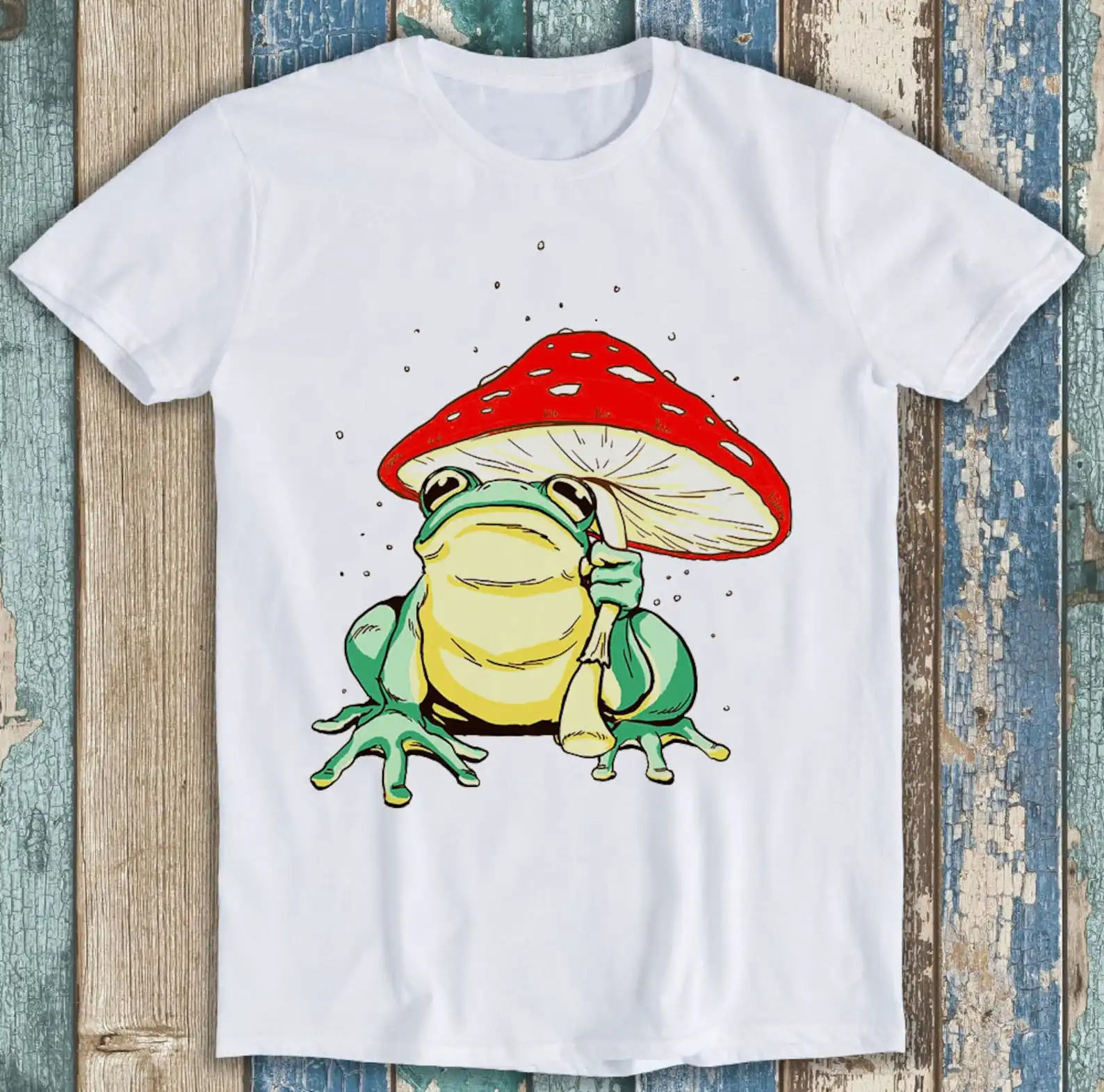 Sapo sapo com um cogumelo mágico, design guarda-chuva, retro engraçado Meme, camiseta, presente, best-seller