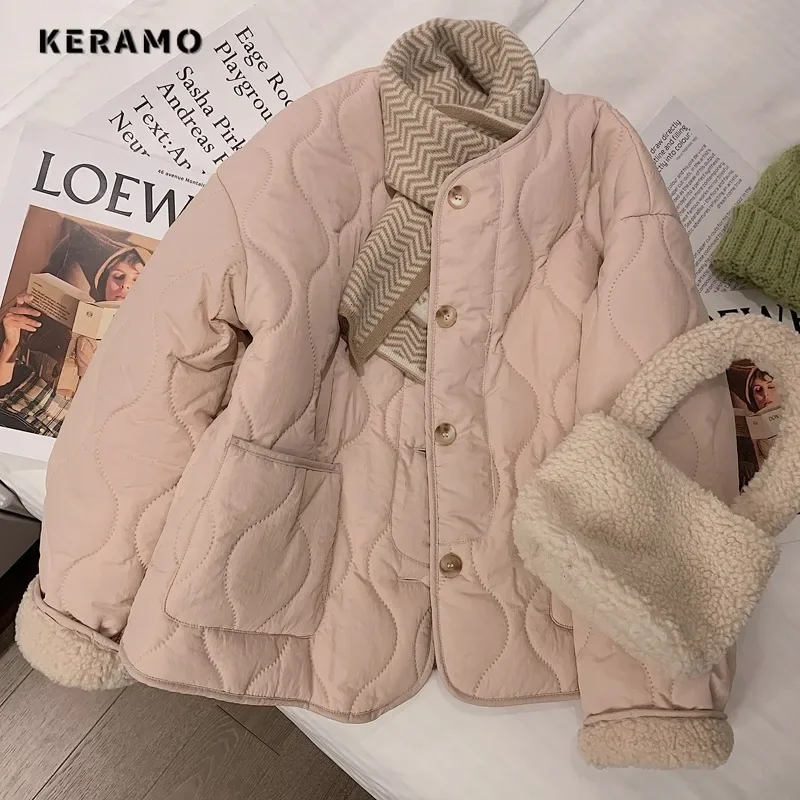 Women SweetCasual  Long Sleeve Single Breasted Parkas 2024 Winter Pockets Pink Outerwear Jacket Lovely Warm Patchwork Thick Coat