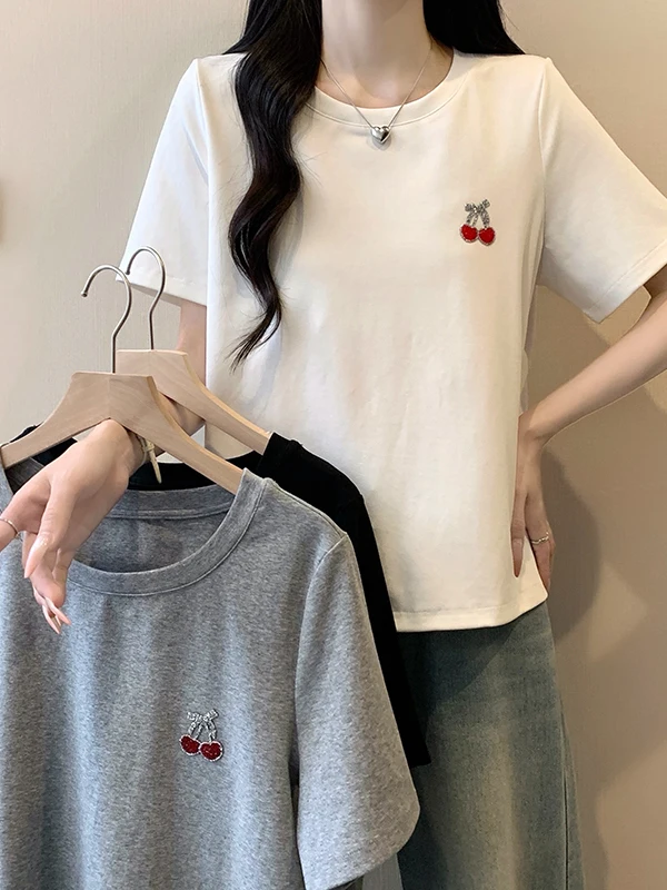 

plus Size Women's Short Sleeve T-Shirt Cherry Rhinestone round Neck Versatile Age-Defying Slimming Top Korean Style Casual Wear