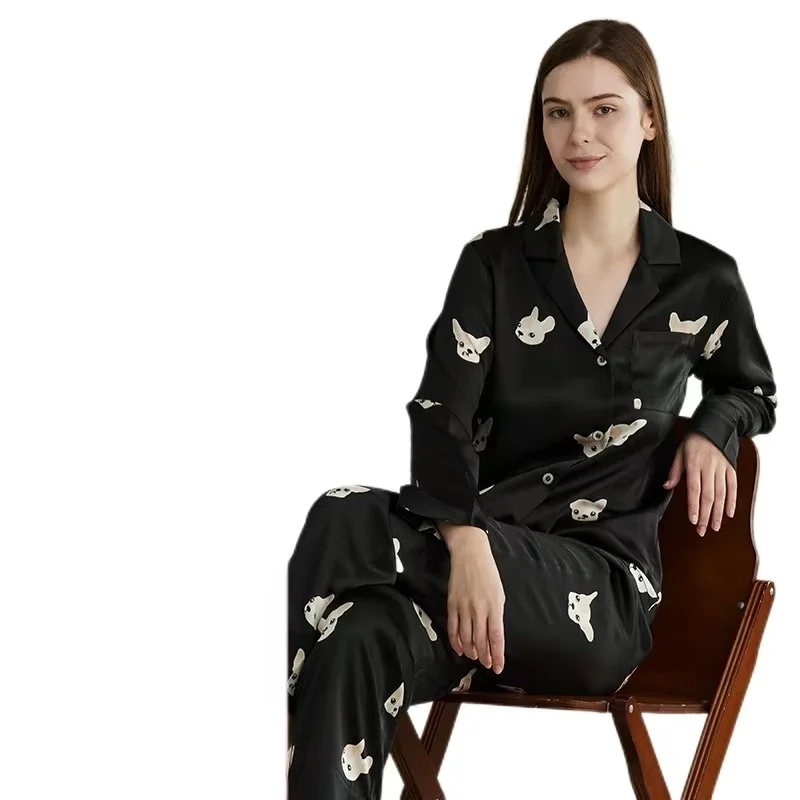 New 100 Mulberry Silk Pajama Set Woman Couple Matching Sleepwear with Cute Puppy Print Silk sleep wear  Soft Breathable