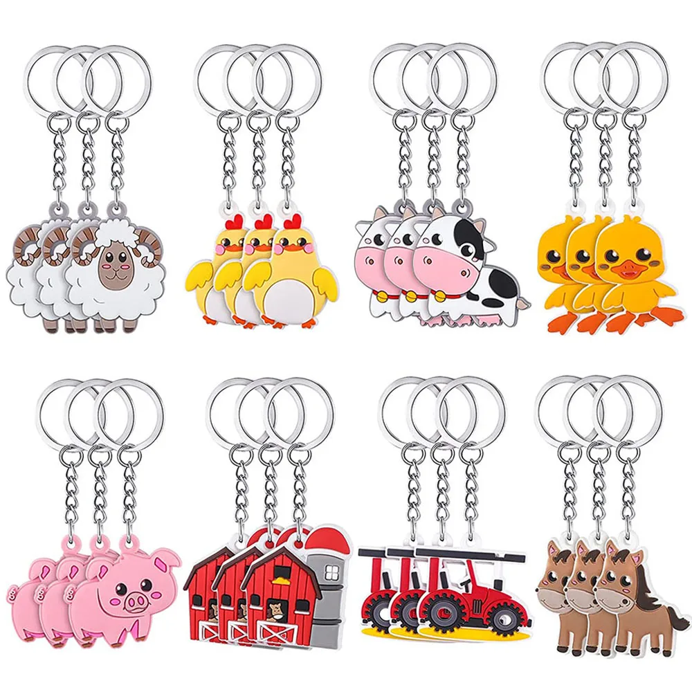 8/16/24Pcs Farm Barnyard Party Supplies Keychains Cute Animal Ornament Toy Pendant Kids Farm Birthday Party Decorations Favors