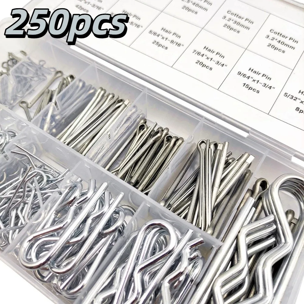 

250pcs Galvanized Steel Cotter Pin Assortment Set Various Sizes Heavy Duty Hairpin Cotter Clips Easy Installation