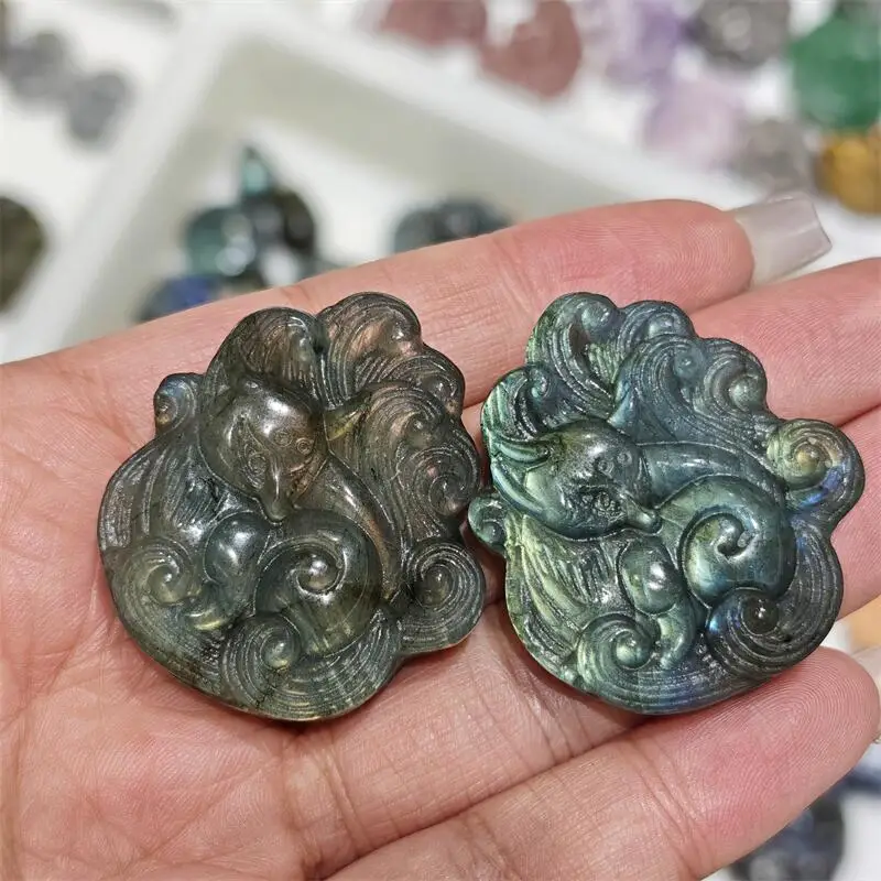 Natural Labradorite Nine-tailed Fox Carving Healing Fengshui Gemstones Home Decoration Holiday Gift 1PCS