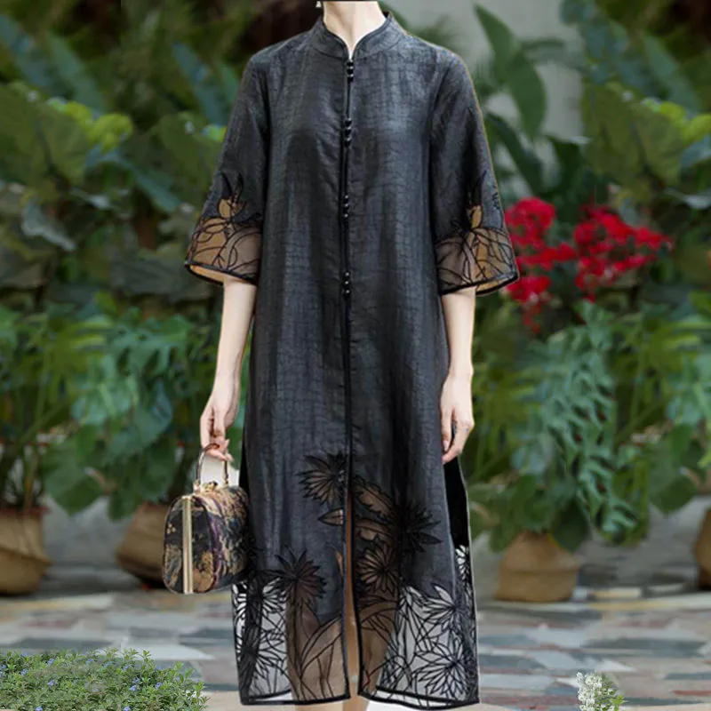 

Silk Xiangyun aa Dr Summer Chinese Sle Stand Collar Embroidered Midi Length Sun Protection Outerwear Ethnic Sle Wi...
