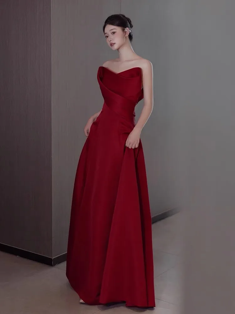 Burgundy Bridesmaid Dress Off Shoulder Detachable Sleeves A-Line Delicate Satin Wedding Banquet Evening Toast Formal Prom Gowns