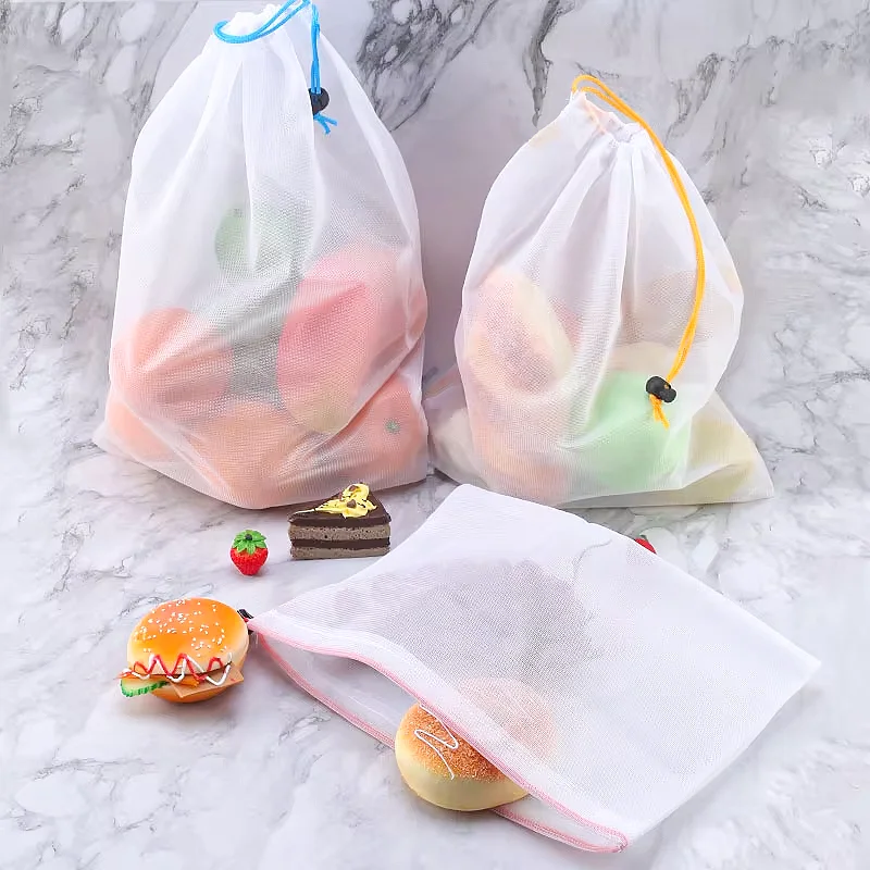 FAIS DU 5pcs Mesh Reusable Storage Bags Comes With Logo Fruit Vegetable Home Washable Bags Kitchen Storage Bags Storage Supplies