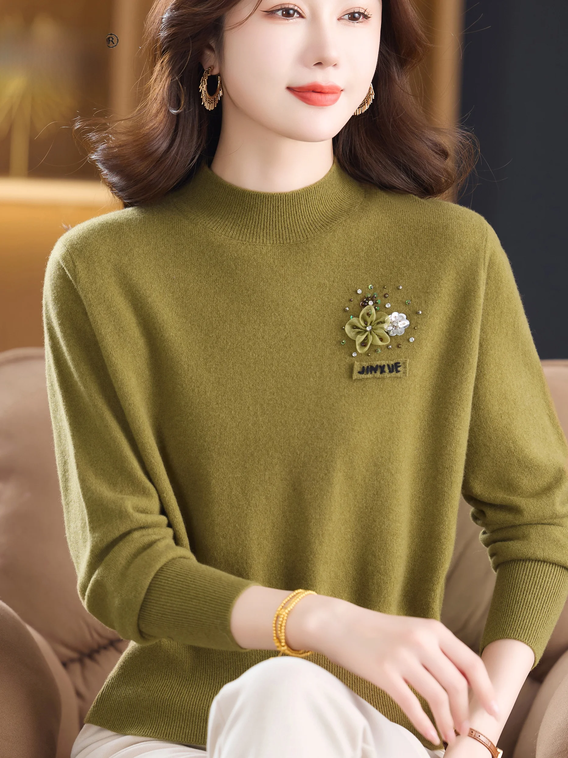 

Ele ort 00% шерстяной вязаный топ, женский осенне-зимний свитер с высоким воротником, базовый слой с цветочной вышивкой, irt для среднего...