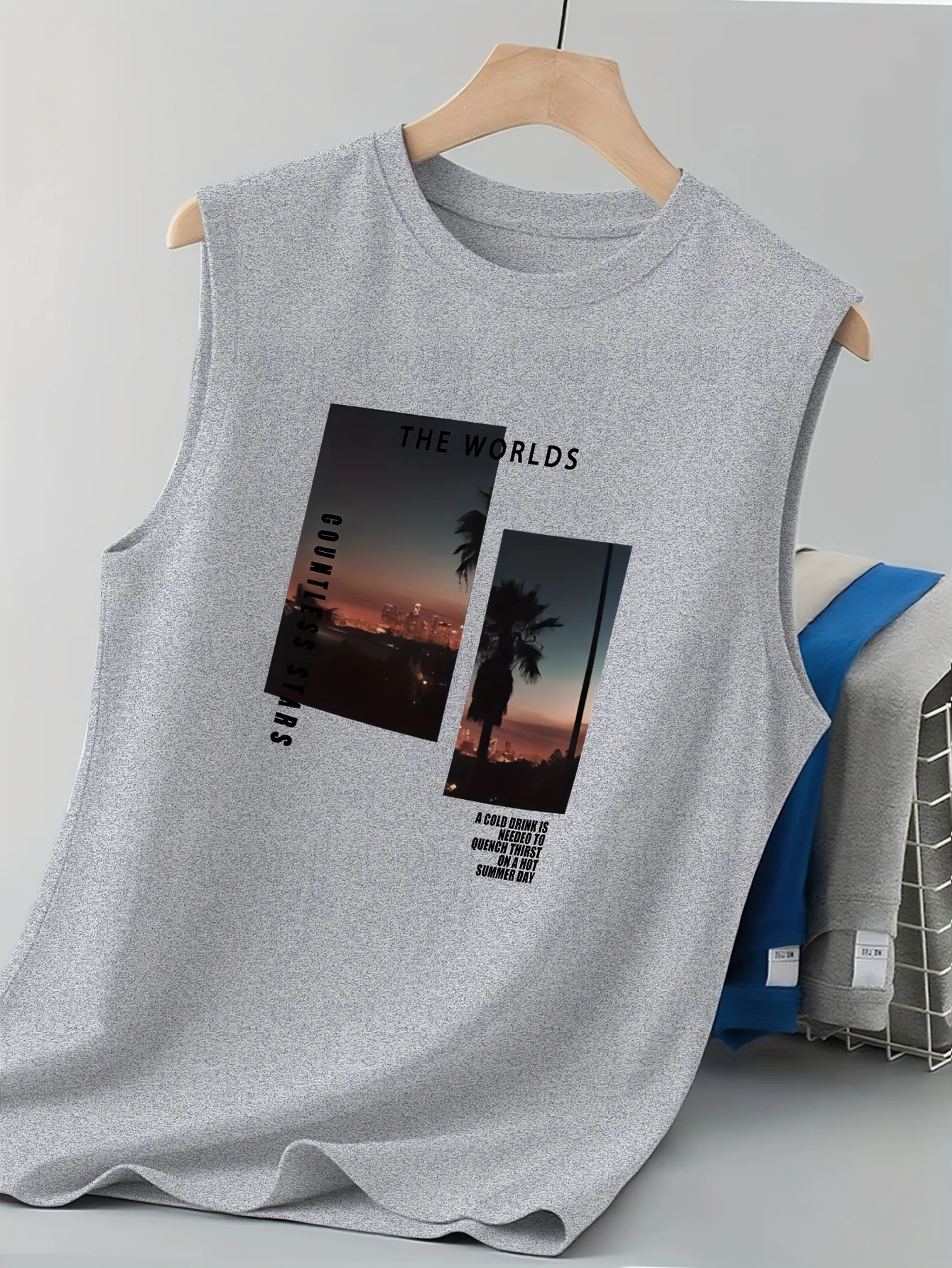 100% Pure Cotton Summer Men's Fashionable Casual Loose Sunset Print Fitness Sports Sleeveless Vest