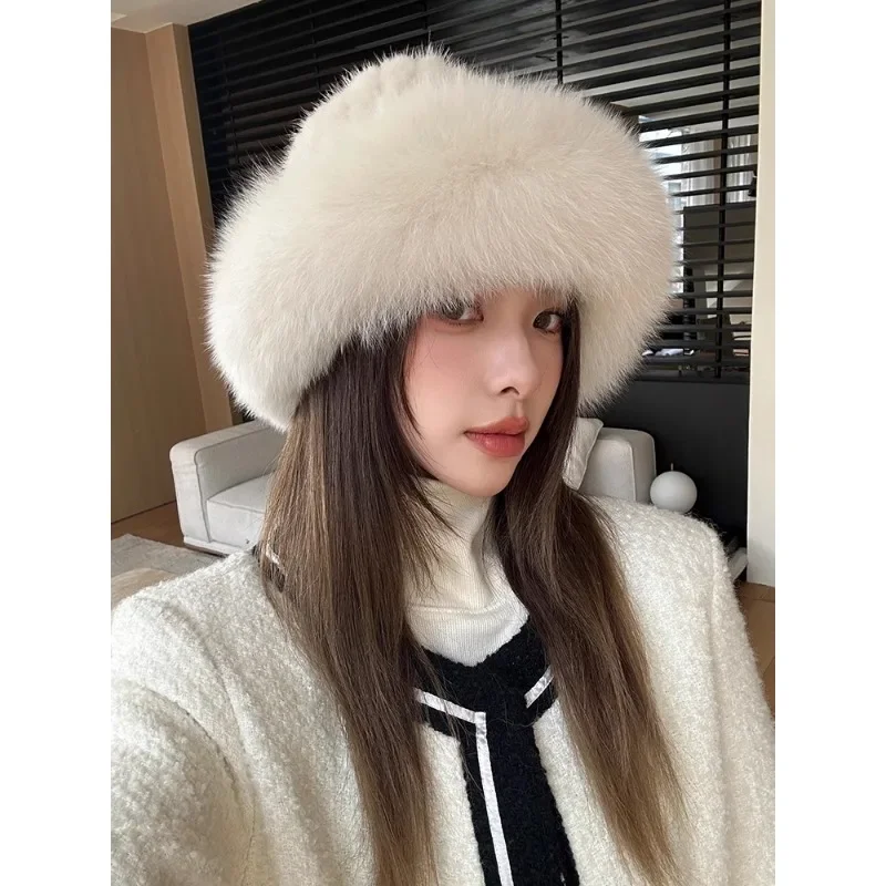 Korean version mink hair woven fur hat with fox fur edge winter warm basin hat bucket hat casual women