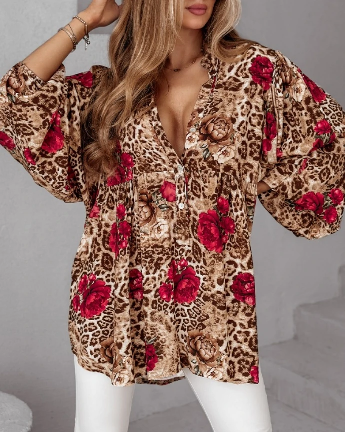 

Women's Blouse Fashion 2024 Colorblock Floral Leopard Print Stand Collar Casual Blouse Lantern Long Sleeve Loose Fit Top