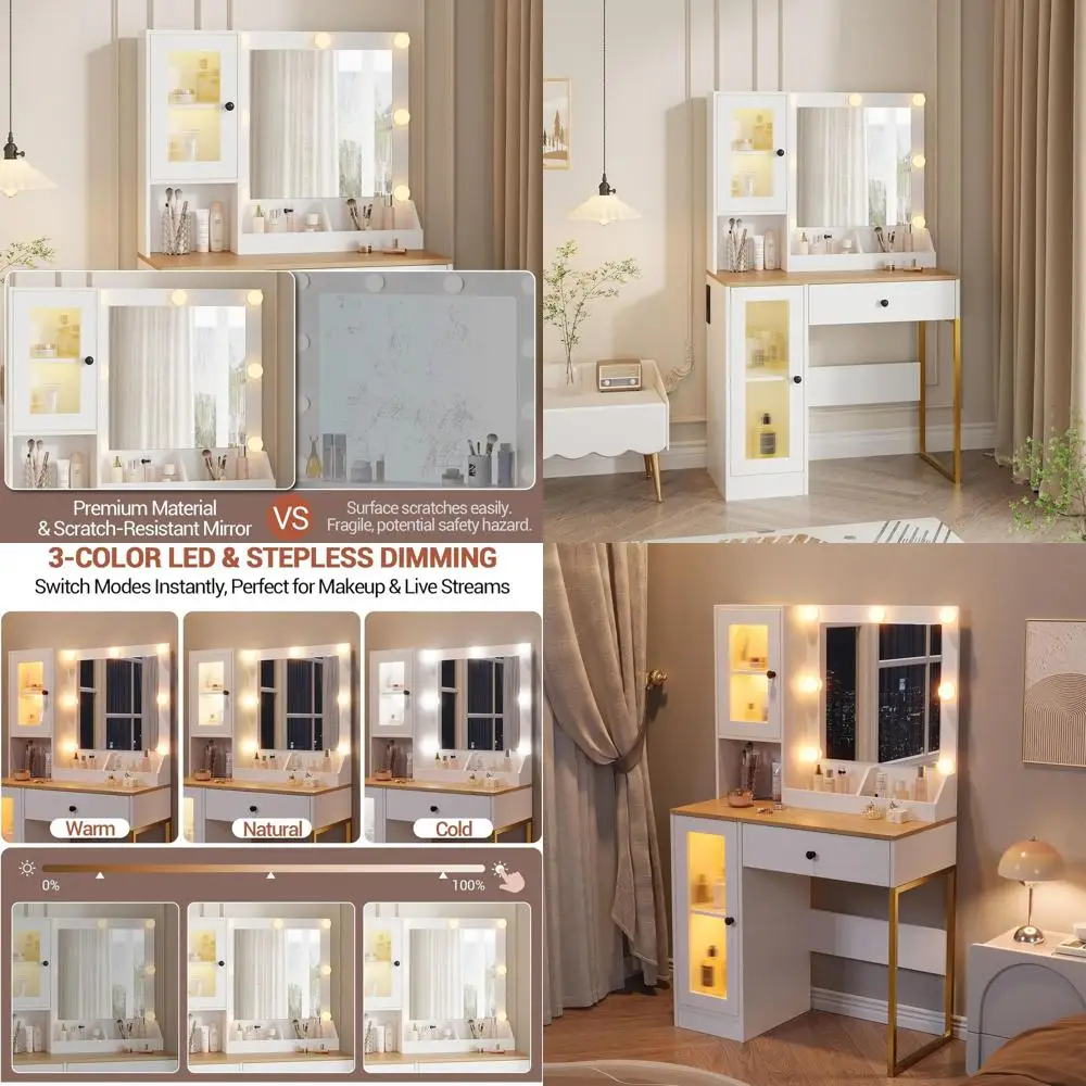 Lighted Makeup Vanity Desk with Charging Station, 2 Drawers, Acrylic Cabinet, and RGB Lighting, Suitable for Dressing Table or B