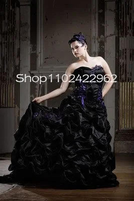 Customized  Gothic Ball Gown WeddingDress with Purple Trim Long Dleeve Jacket Ruched Ruffles Skirt Steampunk Bustle Bridal Gown